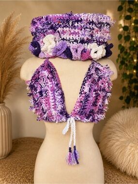 Handmade crochet halter and hat set in pink + purple fairy tones 💜🩷